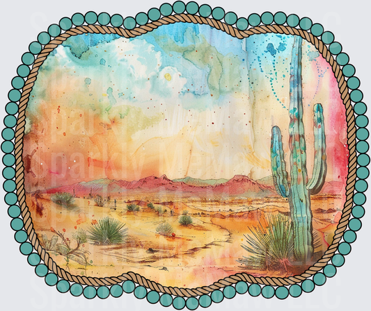 Watercolor Desert Landscape with Saguaro Cactus in Turquoise Beaded Frame UV DTF Decal