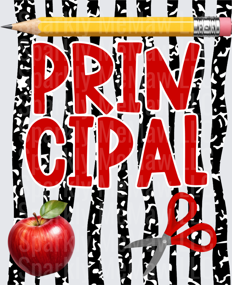 Principal DTF Transfer for Fabric with Red Apple Pencil and Scissors School Theme Design