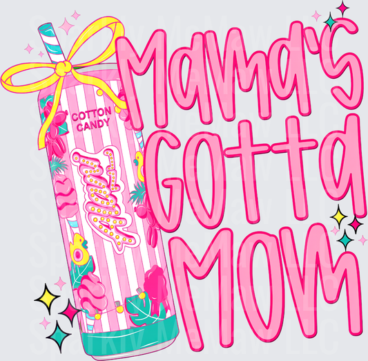 Mama's Gotta Mom Cotton Candy Pink Tumbler with Yellow Bow DTF Transfer for fabrics