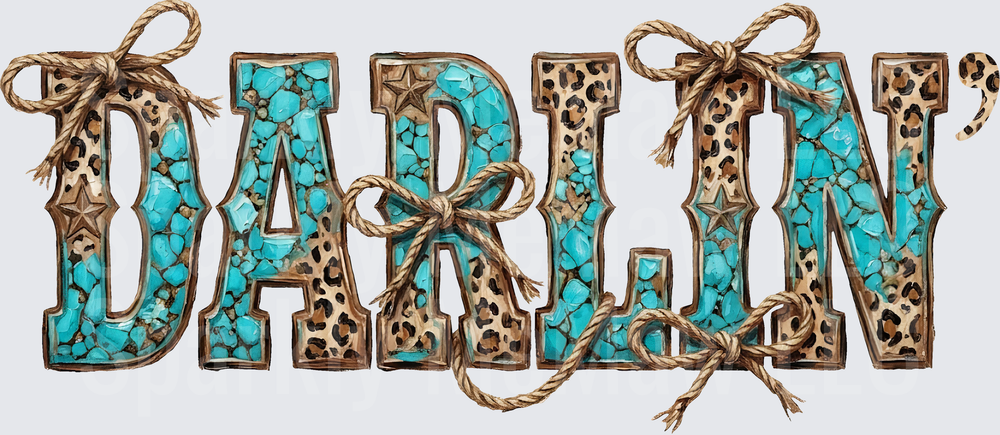 DARLIN Turquoise Stone and Leopard Print Letters with Rope Bows UV DTF Decal
