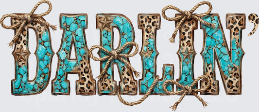 DARLIN Turquoise Stone and Leopard Print Letters with Rope Bows UV DTF Decal