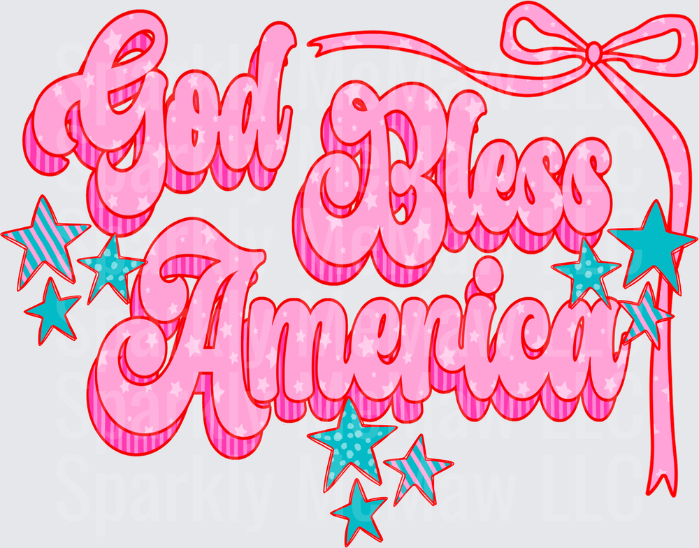 God Bless America Pink Patriotic Lettering with Stars and Bow UV DTF Decal