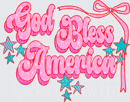 God Bless America Pink Patriotic Lettering with Stars and Bow UV DTF Decal