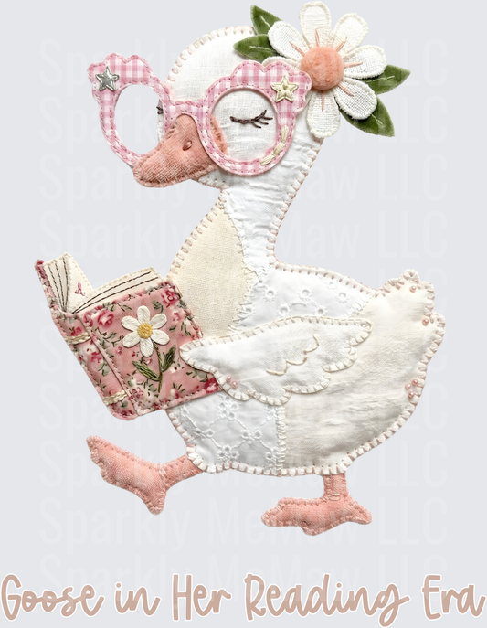 Goose in Her Reading Era Cottagecore Patchwork Duck with Floral Book and Gingham Glasses UV DTF Decal
