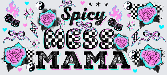 Spicy Mess Mama Checkered Pattern with Pink Roses and Yin Yang Symbols