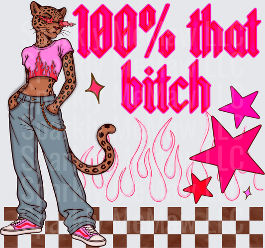 100% That Bitch Leopard Girl Y2K Pink Flames Stars UV DTF Decal