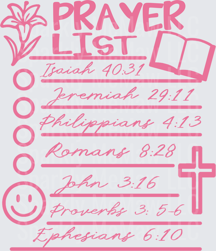 Biblical Prayer List with Scripture References Pink Design UV DTF Decal