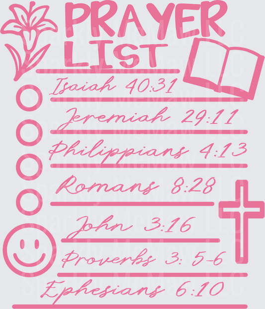 Biblical Prayer List with Scripture References Pink Design UV DTF Decal
