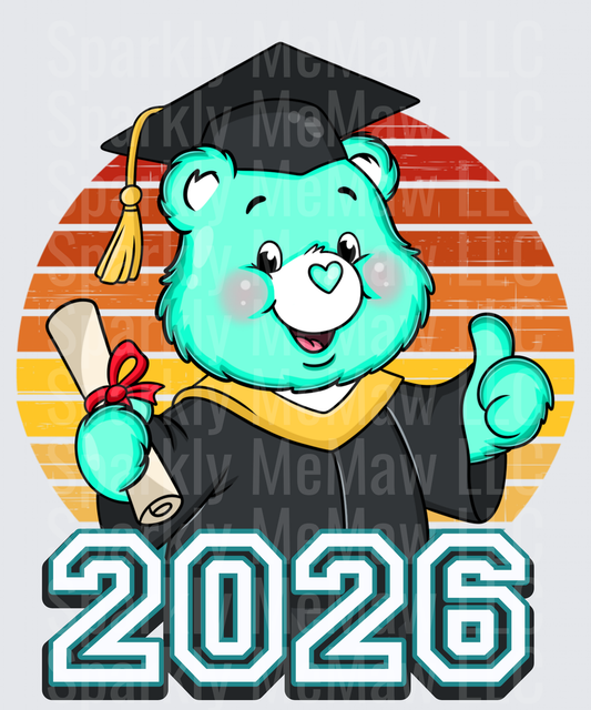 Turquoise  Bear Graduate with Diploma 2026 Retro Sunset UV DTF Decal