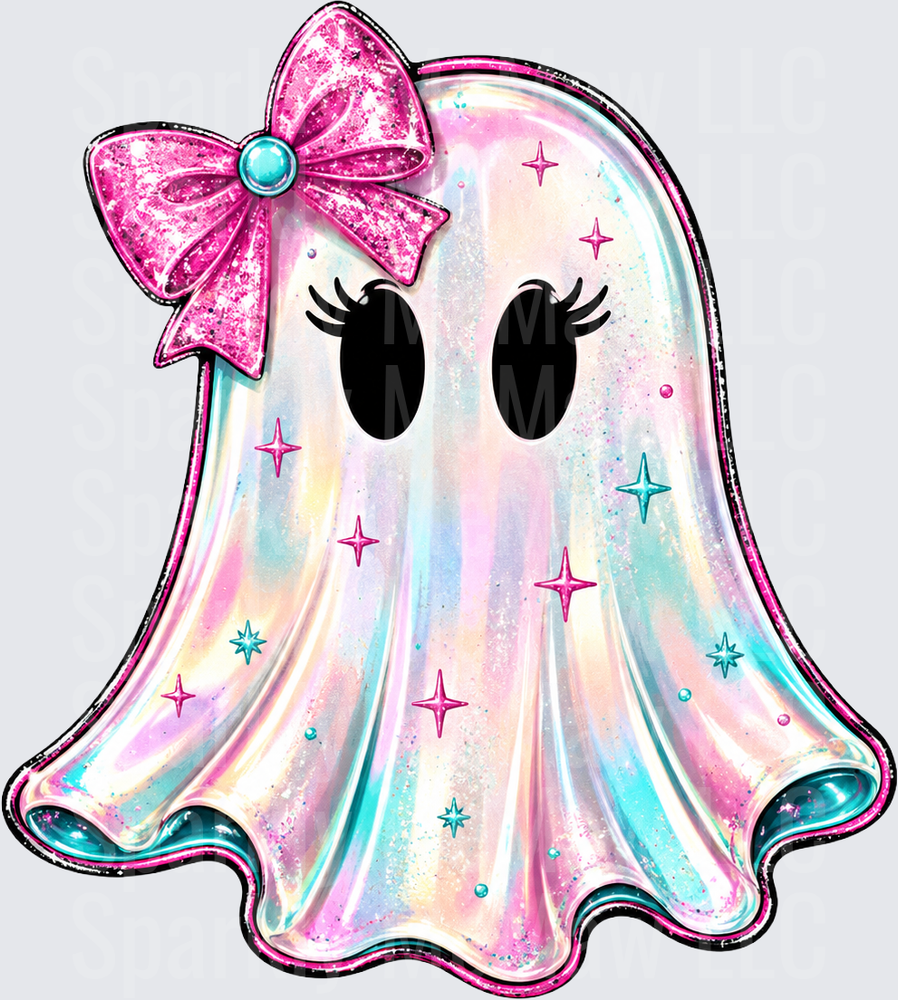Holographic Rainbow Ghost with Pink Glitter Bow and Sparkle Stars UV DTF Decal