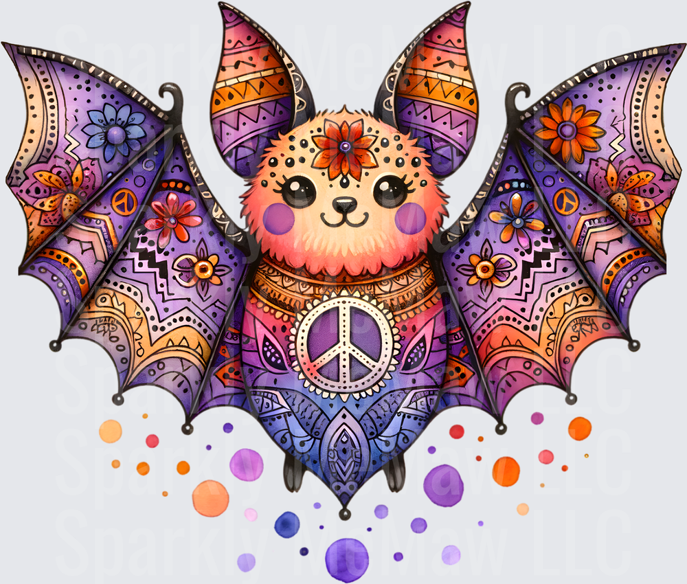 Psychedelic Hippie Bat with Peace Sign and Mandala Patterns DTF Transfer for Fabric