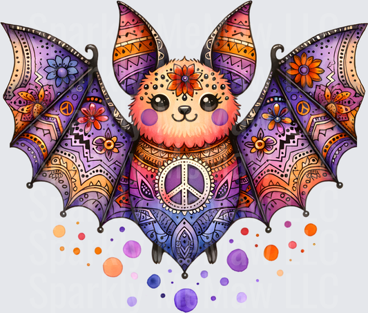 Psychedelic Hippie Bat with Peace Sign and Mandala Patterns DTF Transfer for Fabric