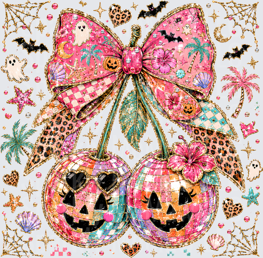 Disco Ball Jack-O-Lantern Cherry Coquette Bow Halloween Glam UV DTF Decal
