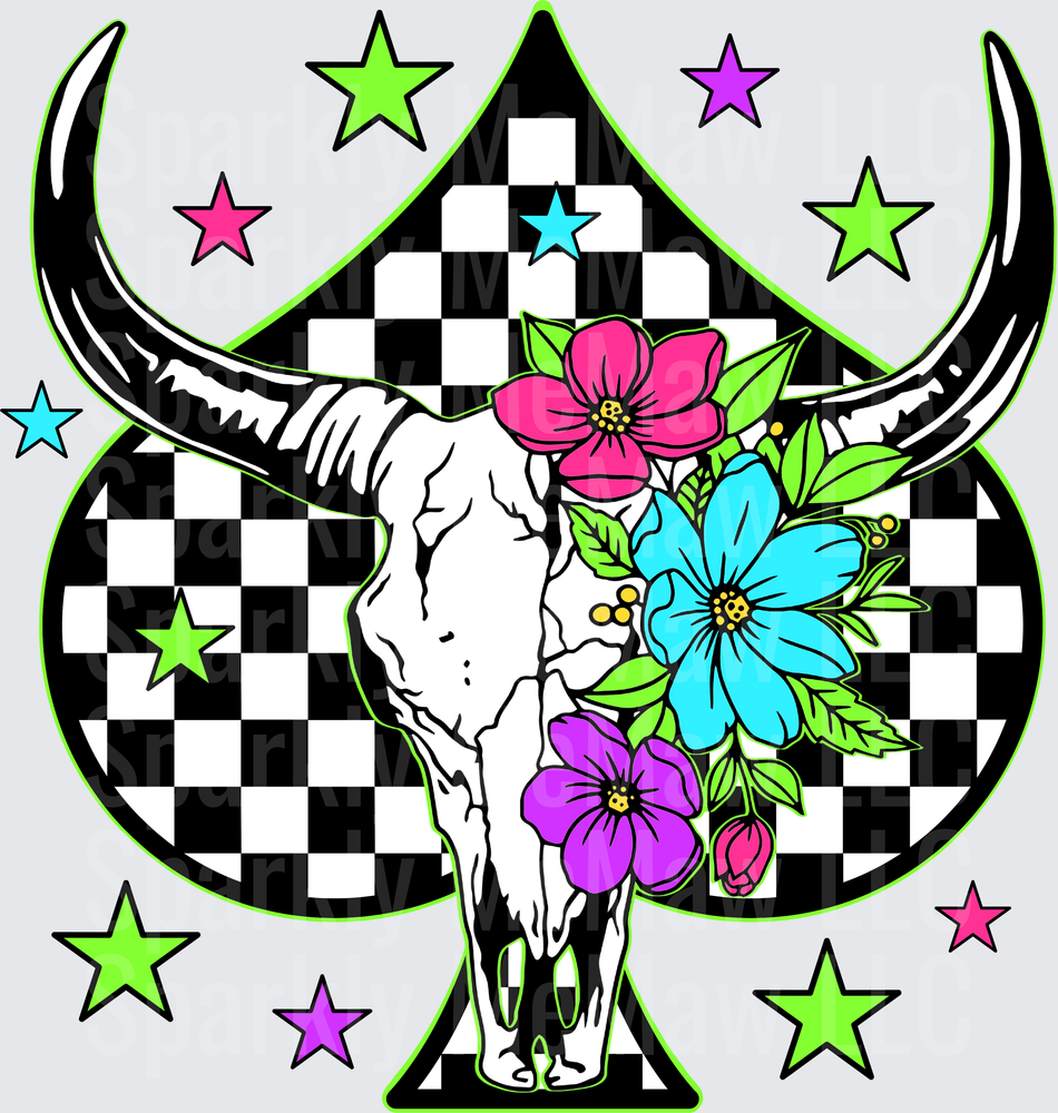 Floral Bull Skull Checkered Spade UV DTF Decal