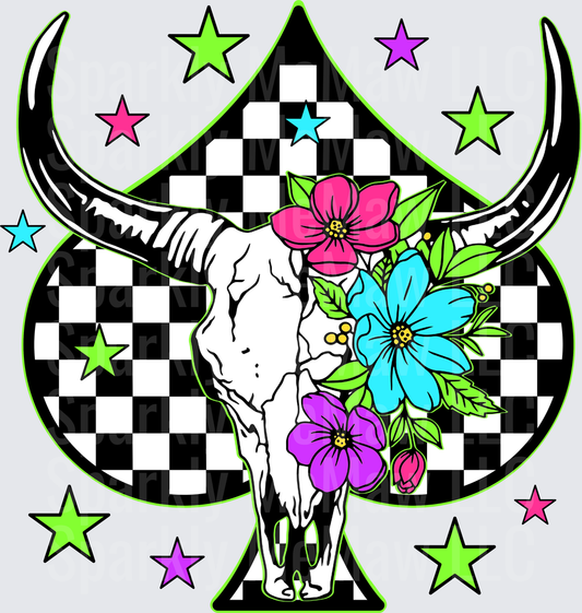 Floral Bull Skull Checkered Spade UV DTF Decal