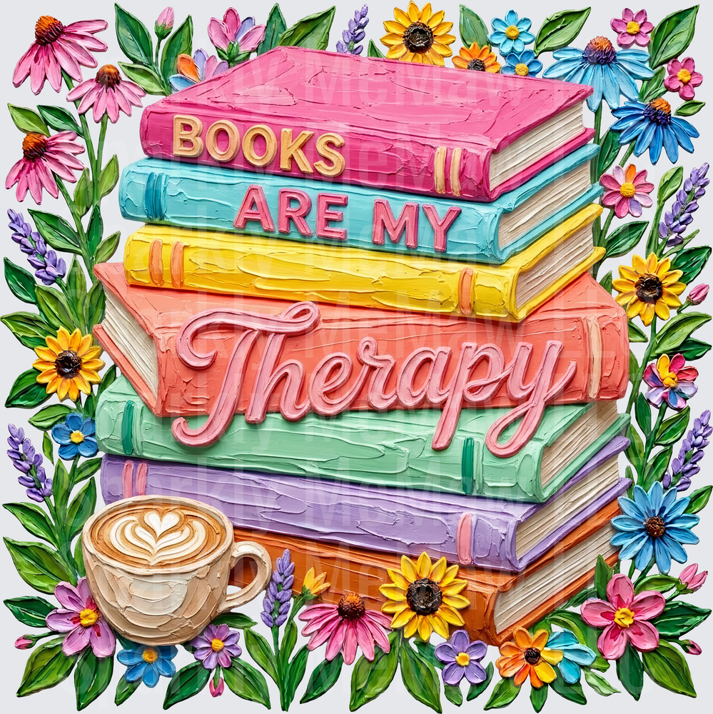 Books Are My Therapy Stack with Wildflowers and Coffee Cup UV DTF Decal