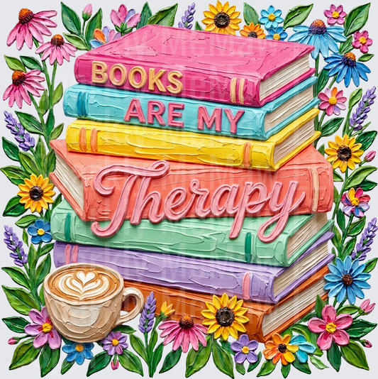 Books Are My Therapy Stack with Wildflowers and Coffee Cup UV DTF Decal