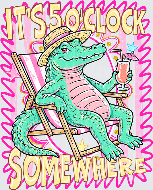Relaxed Alligator in Beach Chair with Tropical Drink It's 5 O'Clock Somewhere DTF Transfer