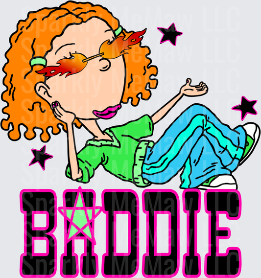 Baddie Girl with Orange Curly Hair and Stars DTF Transfer for Fabric