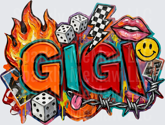 GIGI Graffiti Style Name with Flames Dice Lips and Smiley Face UV DTF Decal