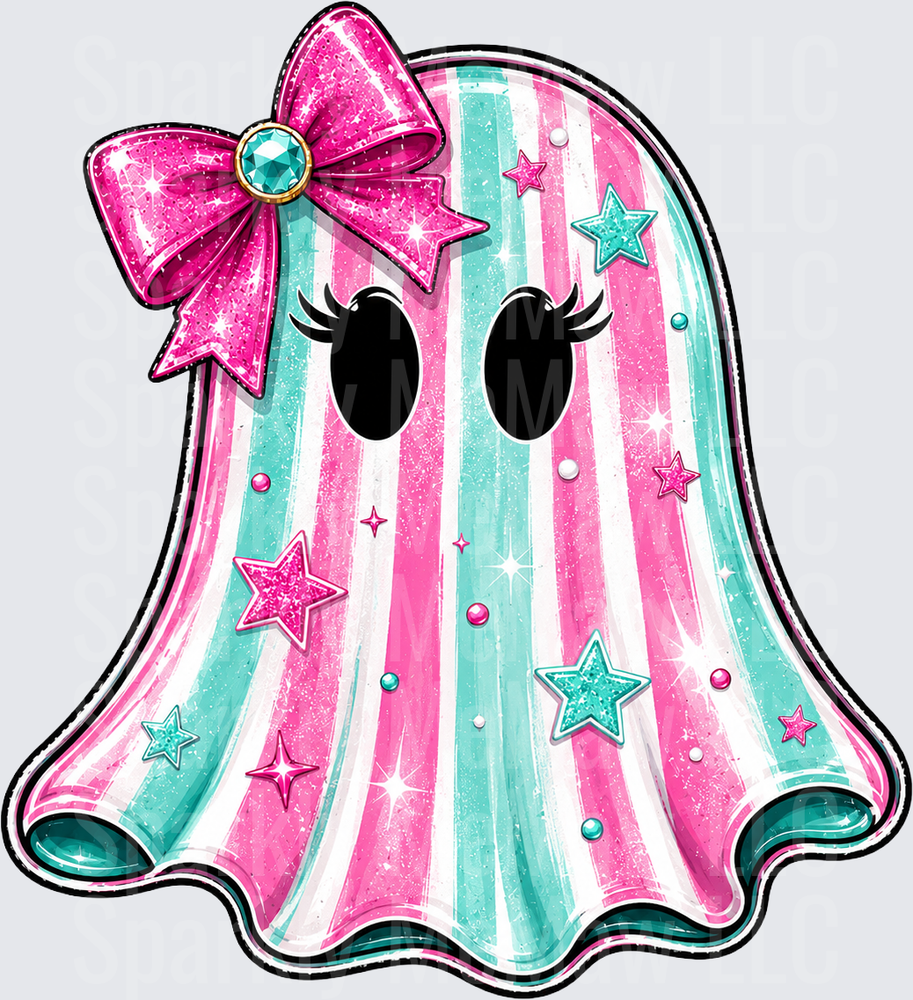 Kawaii Ghost with Pink Bow and Glittery Stars UV DTF Decal