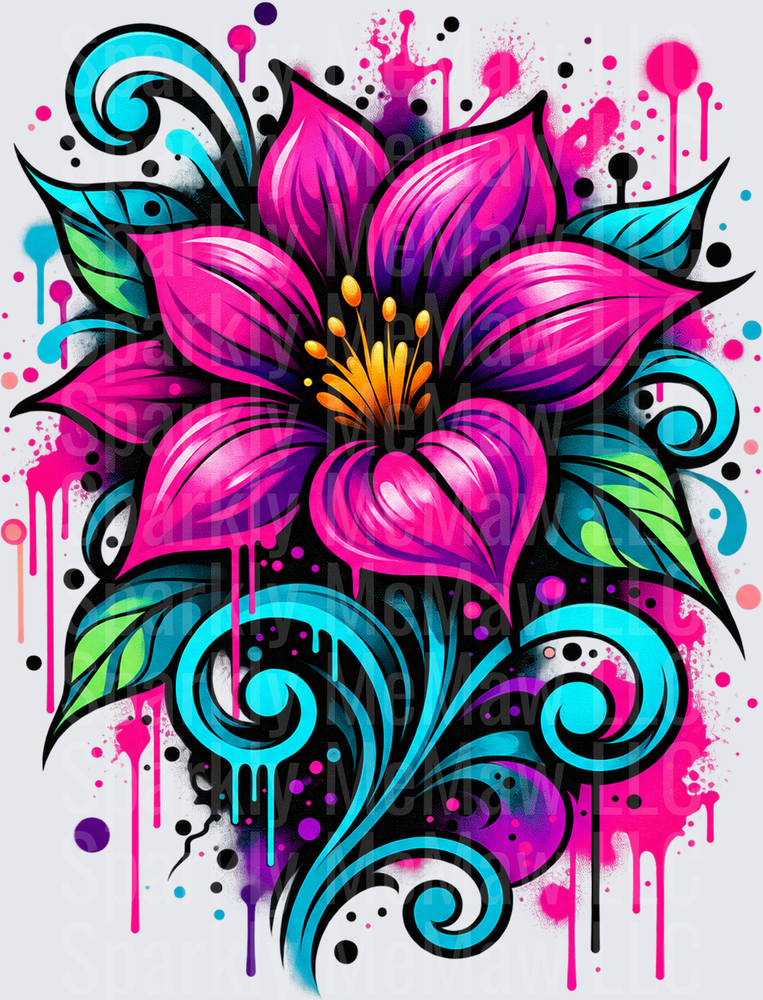 Bold Neon Graffiti Floral DTF Transfer for Fabrics