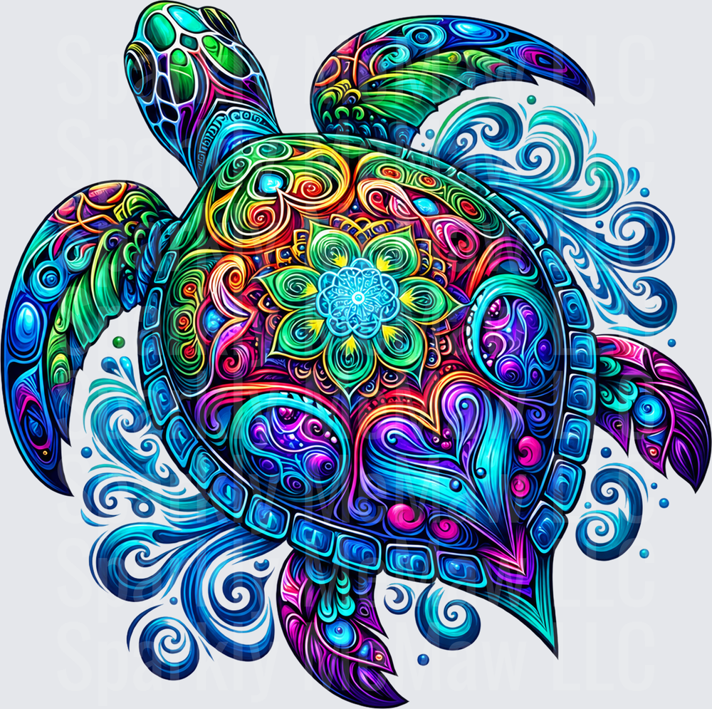Colorful Mandala Sea Turtle is a DTF Transfer for Fabrics