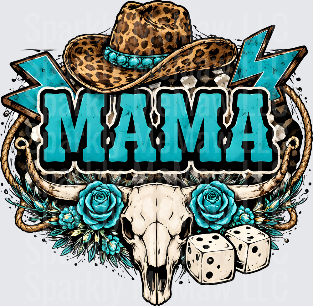 MAMA Western Cowgirl Hat Bull Skull Turquoise Roses Lightning Dice UV DTF Decal