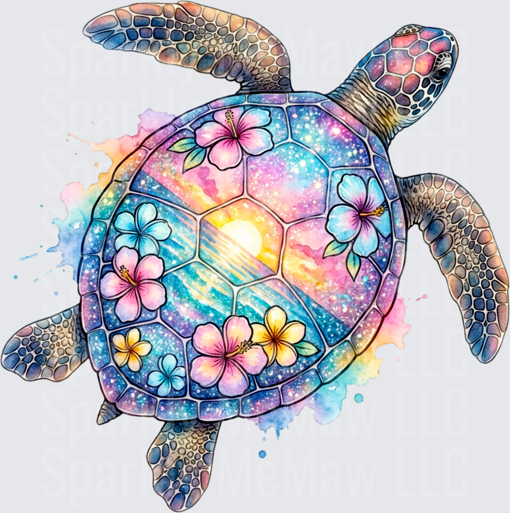 Galaxy Sea Turtle with Tropical Hibiscus Flowers Watercolor UV DTF Decal