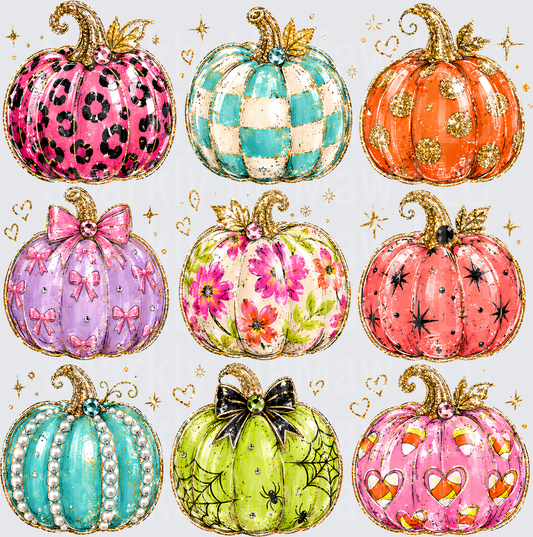Glam Decorative Pumpkin Collection Leopard Floral Checkered Pearl Spider Web Candy Corn Bow Fall Harvest UV DTF 10x10 element sheet