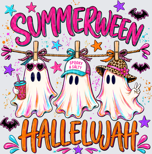 Summerween Hallelujah Cute Ghosts Hanging on Clothesline with Leopard Hats Sunglasses and Spooky Salty Cap DTF Transfer for Fabrics
