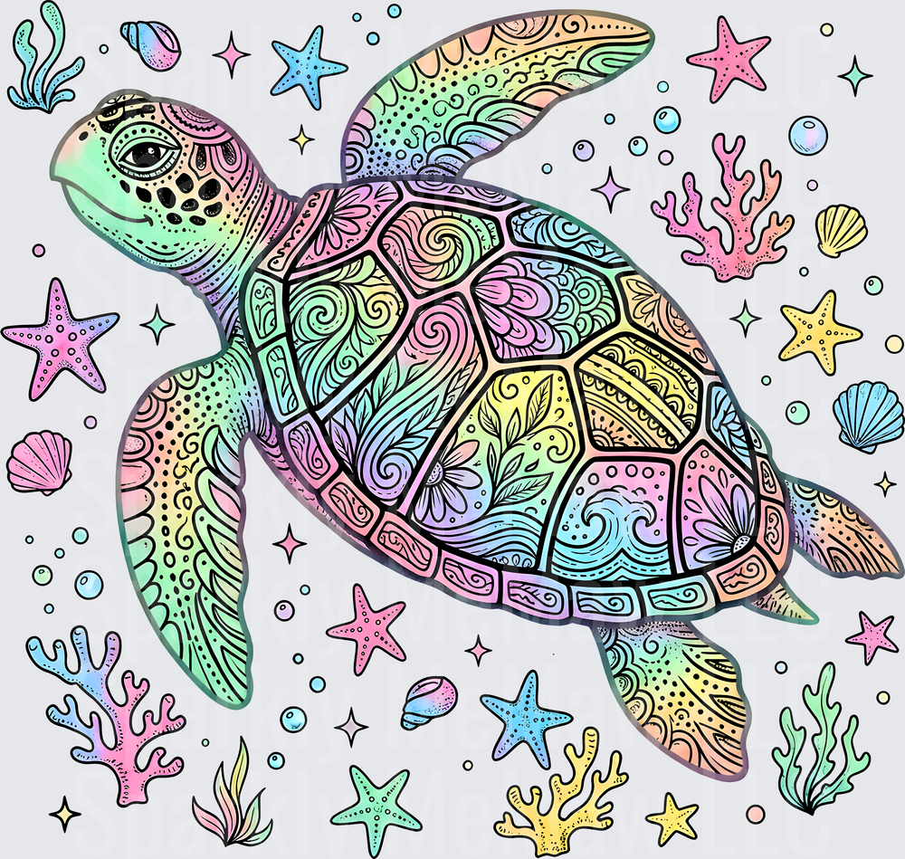 Colorful Mandala Sea Turtle with Starfish and Coral Ocean Scene UV DTF Decal