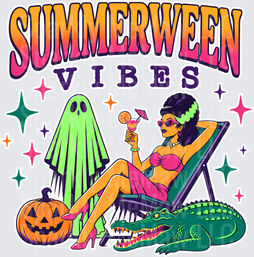 Summerween Vibes Retro Halloween Beach Scene with Woman Ghost Pumpkin and Alligator UV DTF Decal