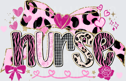 UV DTF Decal Nurse Pink Leopard Zebra Mixed Pattern Bold Letter Design with Coquette Bow Hearts and Roses Gold Glitter Accents