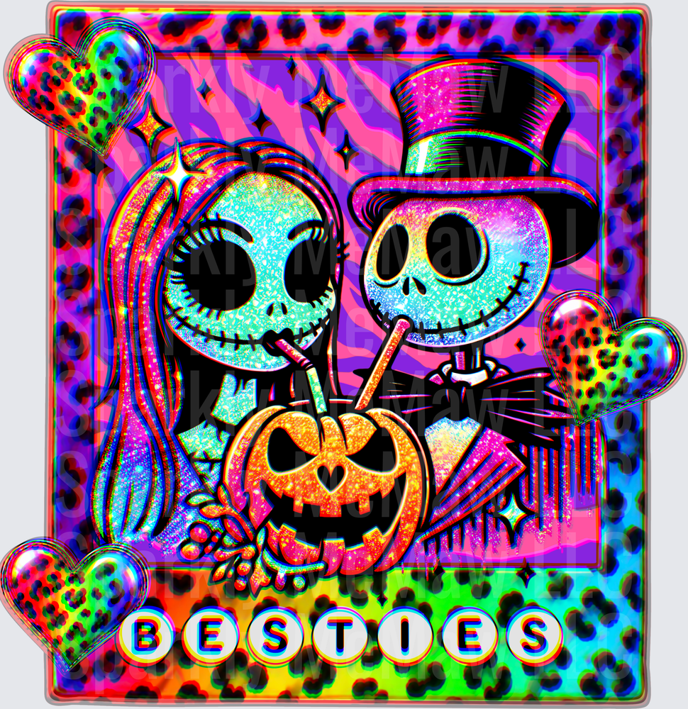 Jack Skellington and Sally Nightmare Before Christmas Besties Halloween Couple with Pumpkin Psychedelic Rainbow Holographic UV DTF Decal