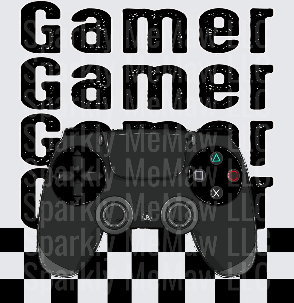 UV DTF Decal Gamer Text with PlayStation Controller on Checkered Flag Background