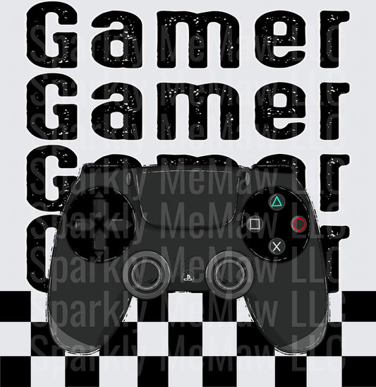 UV DTF Decal Gamer Text with PlayStation Controller on Checkered Flag Background