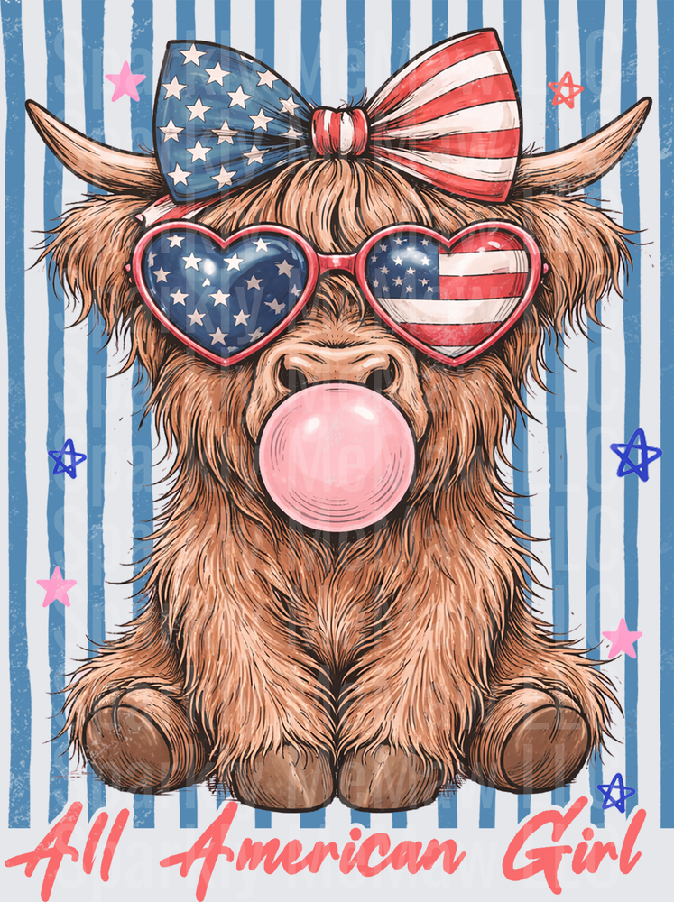 Patriotic Highland Cow with American Flag Bow and Heart Sunglasses Blowing Bubble Gum All American Girl UV DTF Decal