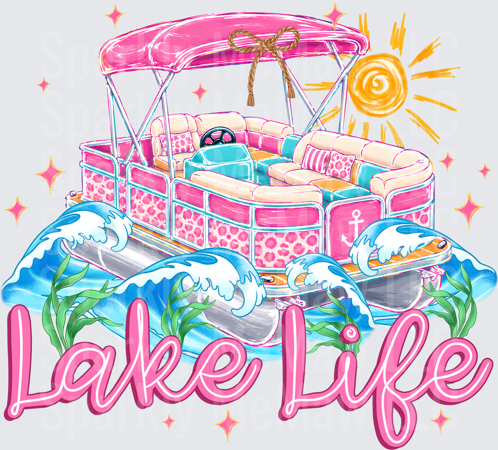 UV DTF Decal Lake Life Pink Leopard Print Pontoon Boat with Waves and Sun