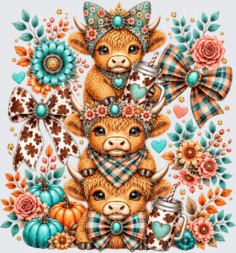 Stacked Highland Cows Fall Floral is a uv DTF Decal