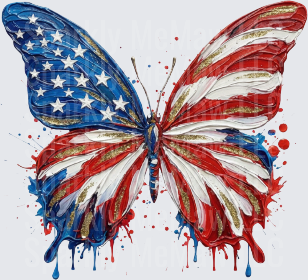 Patriotic American Flag Butterfly with Paint Drips and Gold Glitter UV DTF Decal