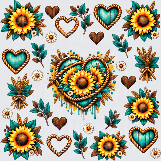 Western Sunflower Hearts Sheet – This is a 10X10 UV DTF Full Sheet