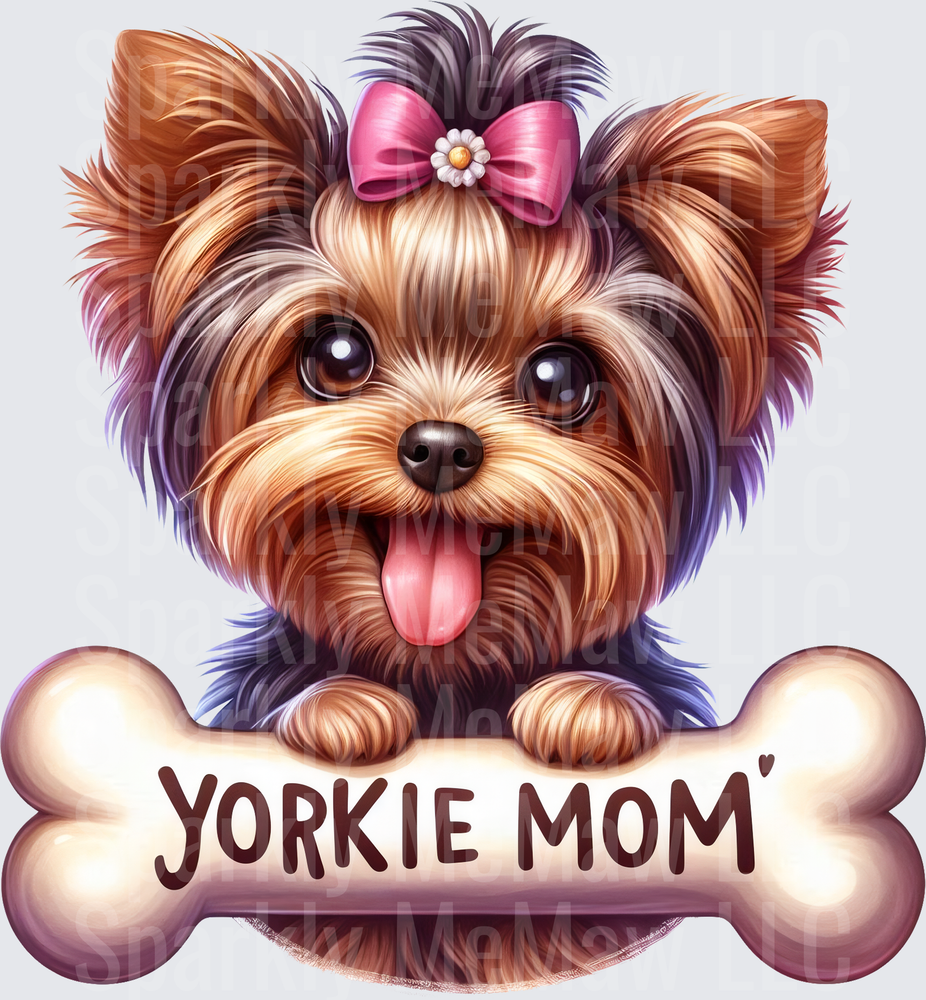 Yorkie Mom Yorkshire Terrier with Pink Bow and Bone UV DTF Decal