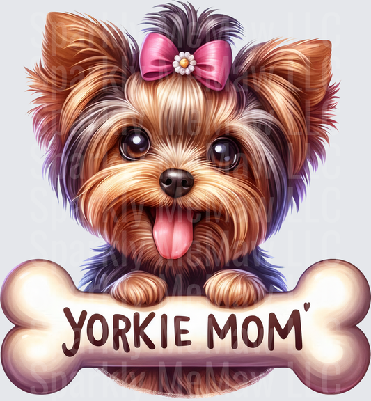 Yorkie Mom Yorkshire Terrier with Pink Bow and Bone UV DTF Decal