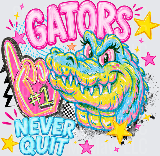 Gators Never Quit Colorful Alligator Mascot DTF Transfer for Fabric