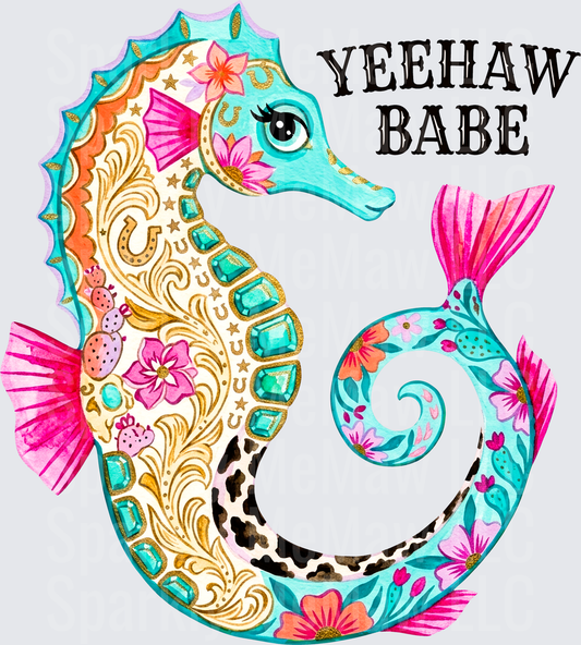Yeehaw Babe Western Floral Seahorse with Cow Print and Turquoise Gems UV DTF Decal