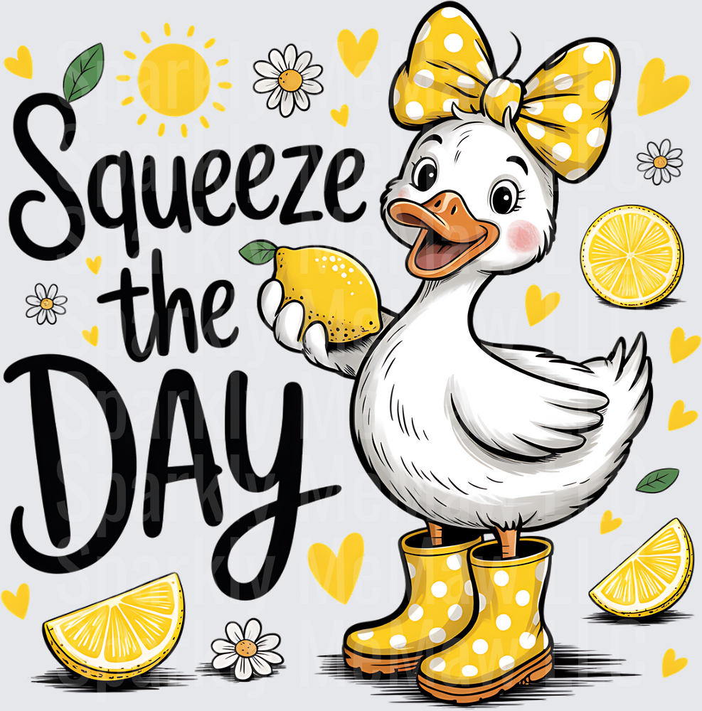 Squeeze the Day Duck with Yellow Polka Dot Bow and Rain Boots Holding Lemon UV DTF Decal