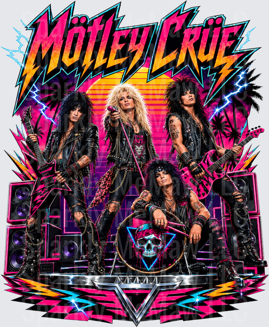 Mötley Crüe Retro 80s Neon Band Portrait with Lightning and Palm Trees DTF Transfer for Fabric
