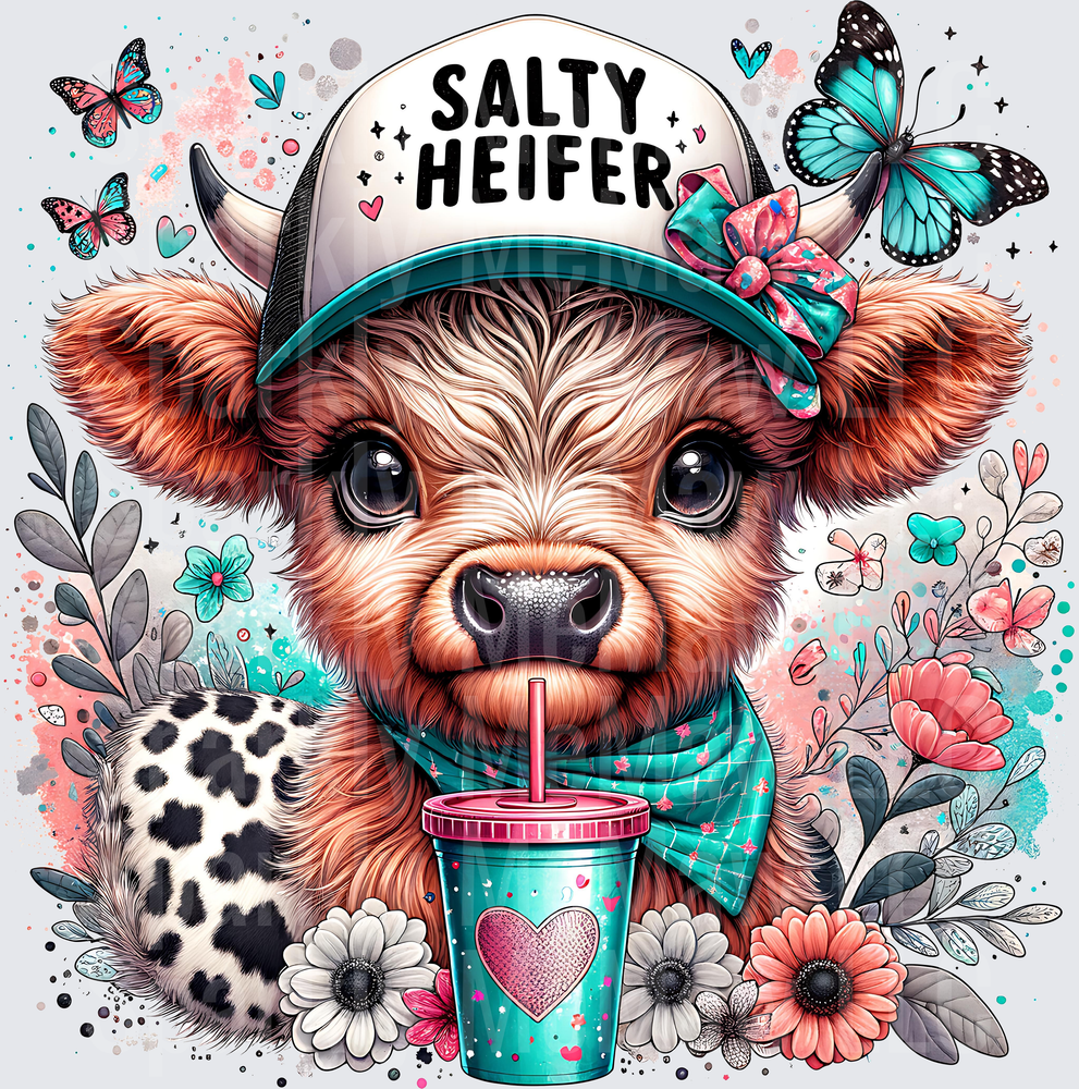 Salty Heifer Cow with Drink and Butterflies Floral Design UV DTF Decal