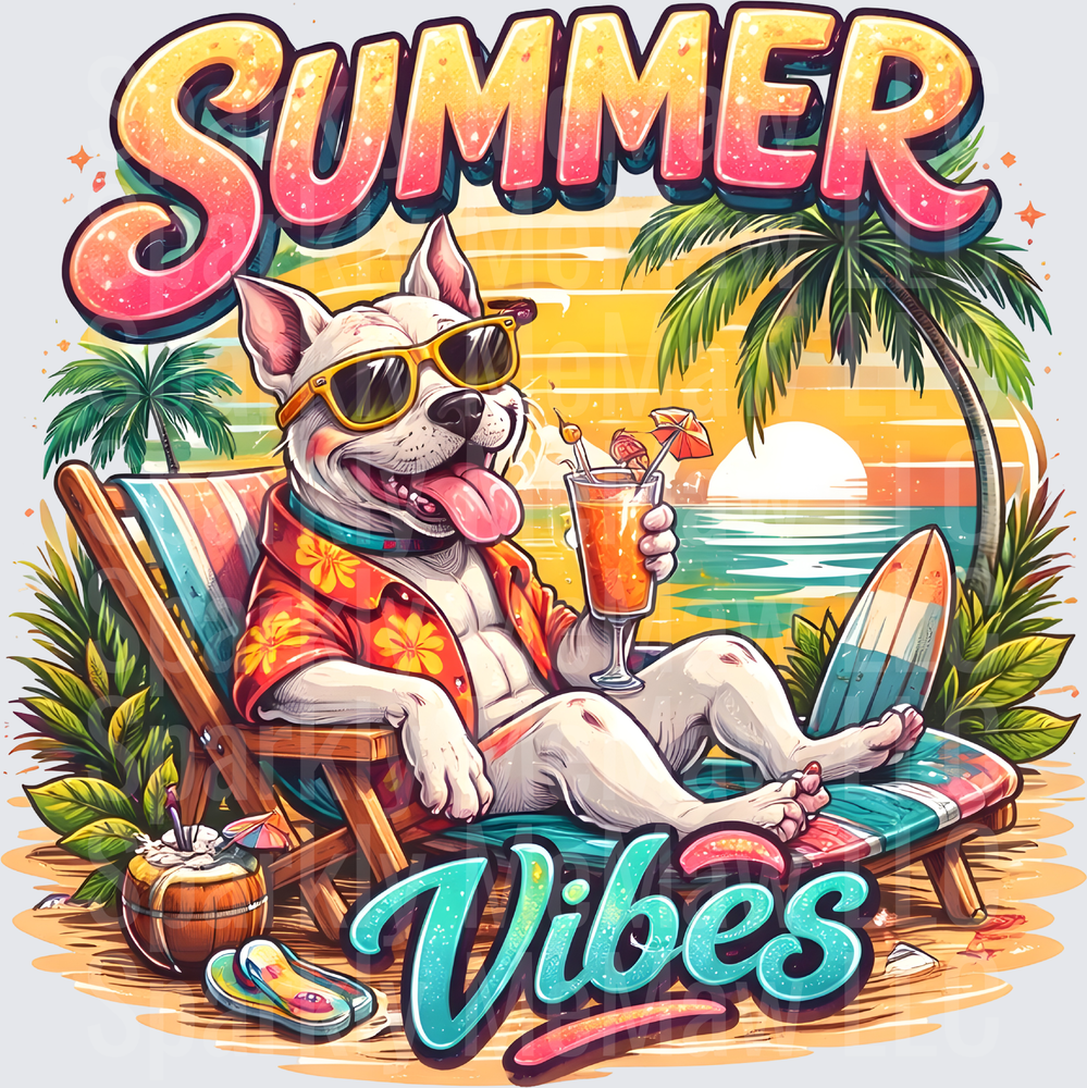 Summer Vibes Cool Dog in Sunglasses Beach Chair Tropical Sunset UV DTF Decal
